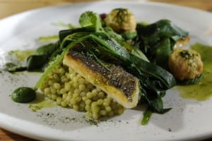 Sea bream, Israeli cous cous, wild garlic & crab beignet. The Coach House, Middleton Tyas.  11 June 2015.  Picture Bruce Rollinson