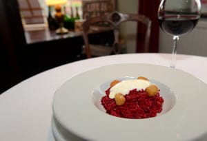 031115 A starter of Beetroot Risotto and Creme Fraiche with miniature blue chese bon bons at the The Stone Trough Inn at Kirkham. (GL1007/93f)