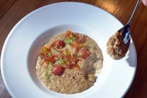 180216     A  dessert of  liqorice rice pudding , puffed rice and blood orange marmalade  atThe Rattle Owl in Micklegate, York. (Gl10078/99n)