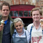 MALTON FOOD LOVERS --- The Malton Food Lovers Festival 2015 is held in the market town of Malton. // At Groovy Moo; (l-r) Valentine Warner, Michelle Walker and Tom Naylor-Leyland. Saturday 23rd May 2015. HARRY ATKINSON