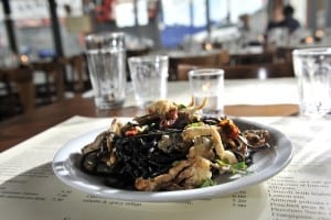 Squid ink pasta - with soft shell crab, Zucco, Meanwood Road.  19 May 2015.  Picture Bruce Rollinson