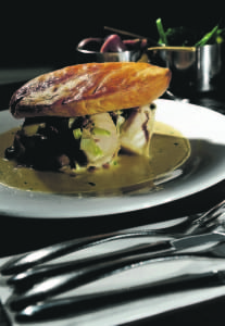 Restaurant Review. Chicken 'pie', poached free range breast, pancetta, button mushrooms, cream, tarragon, leeks, puff pastry served with carroll's heritage potatoe and green. The Aysgarth Falls Hotel.  11 February 2016.  Picture Bruce Rollinson
