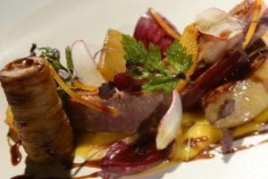 CORRECTION. Roast squab pigeon, orange, foie gras and beets. Restaurant Review. The Box Tree. 10 June 2016. Picture Bruce Rollinson