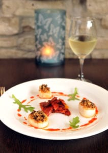1 June 2016 .......     Aux Delices, Burnley Road, Mytholmroyd .  Starter of Scallops with Chorizo & Cherries, trio of seared King scallops topped with a toasted crumb of dried cherries with pine-nuts & basil garnished with sautéed spicy chorizo & drizzles of sweet, sticky chilli sauce. Picture Tony Johnson
